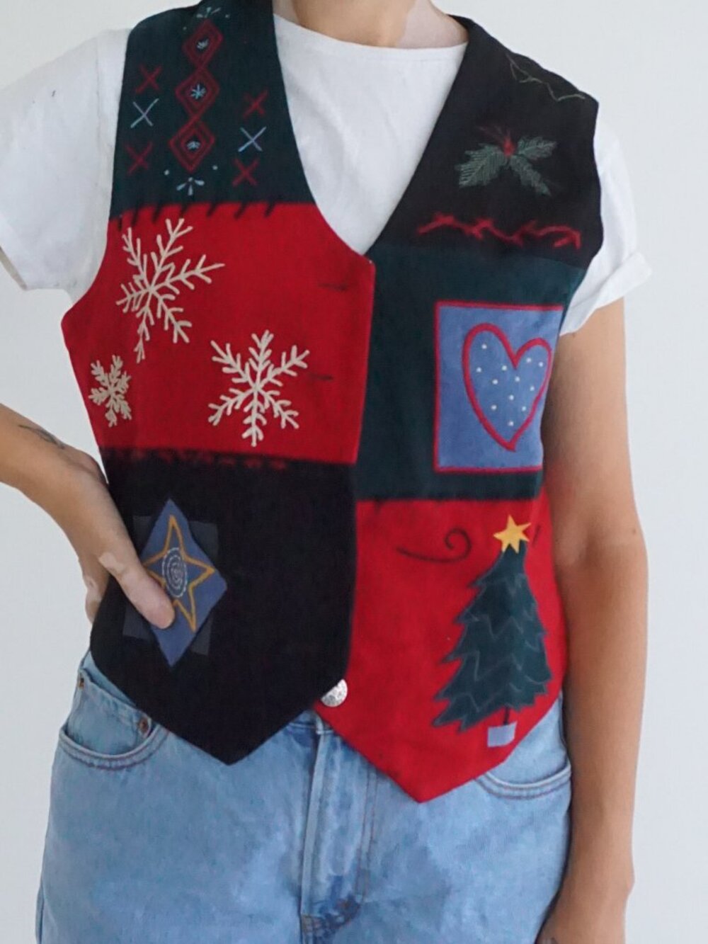 Vintage Talbots Red Green Snowflake Christmas Trees Patchwork Christmas Vest S